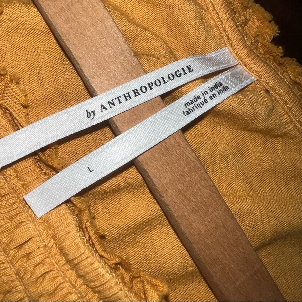 Anthropologie Smocked 3/4 Puff Sleeve (woven) Shirt (knit) Mustard Yellow L - Picture 7 of 10